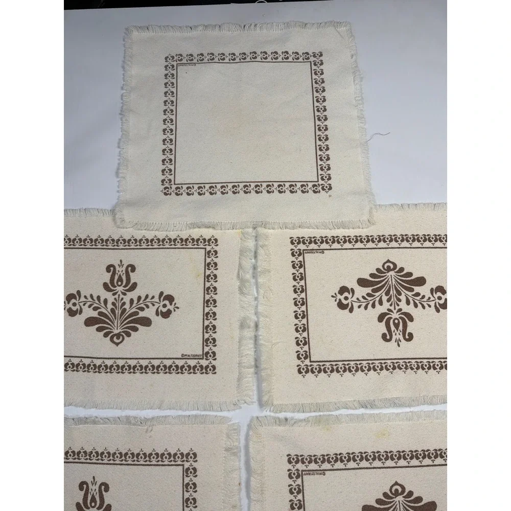 VTG Pfaltzgraff Village Placemats Brown Cream Floral Fringed Farmhouse Set of 5